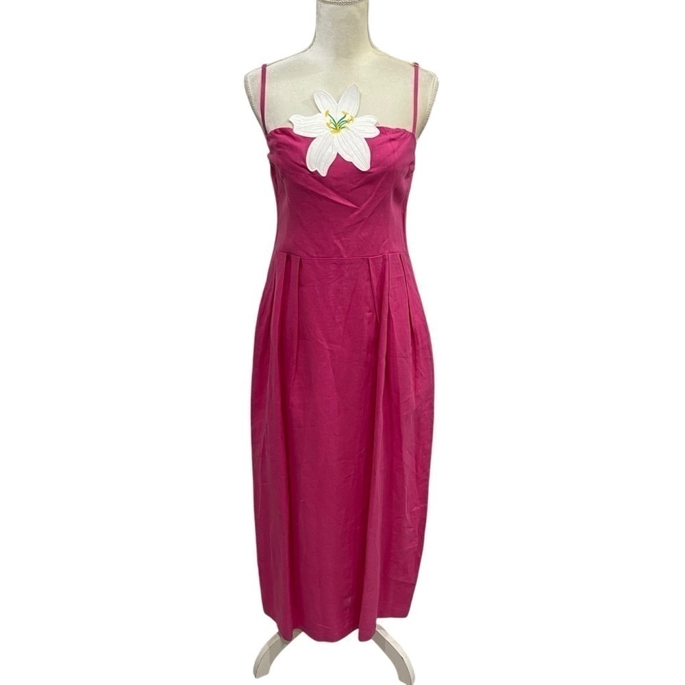 Fanm Mon LORR LINEN LATRICE DRESS Fuchsia Flower Embroidered Pleats Pockets $389 - Picture 4 of 12